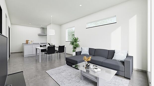 【完成予想図】
1階の天井は通常より30cm高いハイスタッド仕様。開放感と広がりを感じられ、自然光を多く取り込めるりビングです。