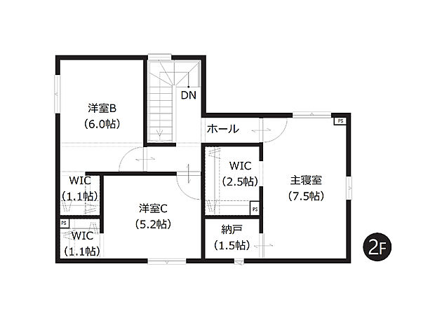 【2階間取図】
2階の全洋室にウォークインクローゼットを完備。約1.5帖の納戸は、ライフスタイルに合わせて様々な使い方ができますね。