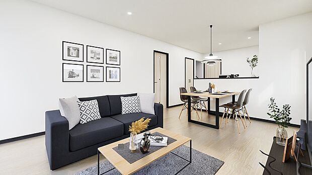 【B棟 完成予想図】
対面キッチンからリビングを一望できる、明るく開放的な16帖のLDK。2階ホールには書斎や趣味の場所として使えるフリースペースを設け、家族が個々の時間も大切にできる設計です。