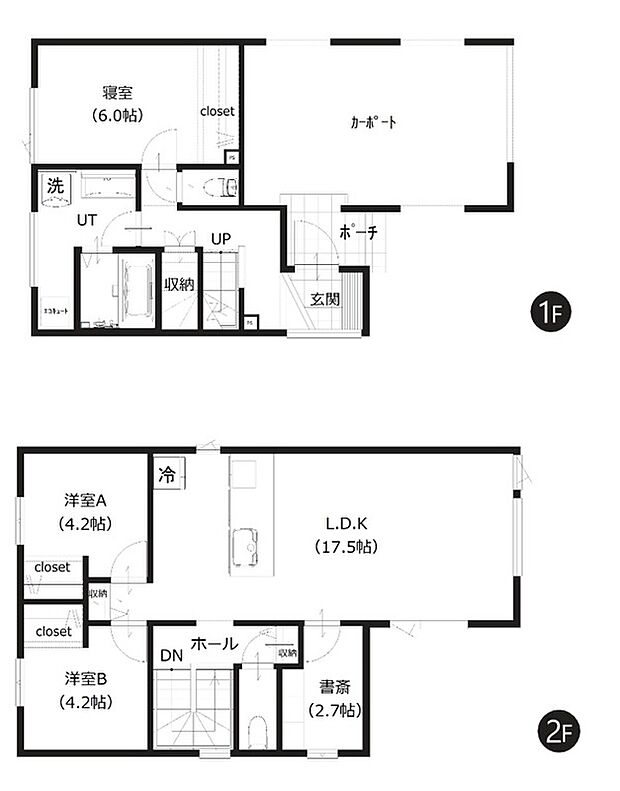 【間取図】
大切な愛車を守れるインナーガレージがございます。LDKは約17.5帖とゆとりある広さ。2階リビング仕様で開放感が有り、プライバシーの確保もしやすい設計です。