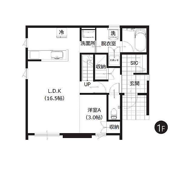【1階間取図】
ファミリーにおすすめの4LDKタイプです。リビングに隣接する約3帖の洋室は引き戸を開けて一体利用も可能。より開放的な空間に！ライフスタイルに合わせてお使いいただけます。