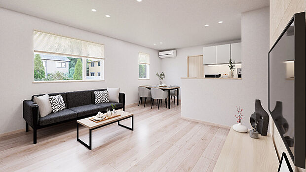 【完成予想図】
リビングを中心とした間取りでご家族とのコミュニケーションもバッチリ！キッチンを中心に家の中をぐるりと回れる回遊動線を採用しています。