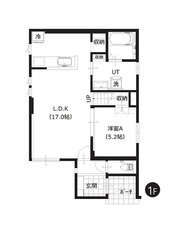 【1階間取図】
1階にLDKと水回りを集約させた間取りで、家事の効率を上げるだけでなく生活の快適さも感じられます。
