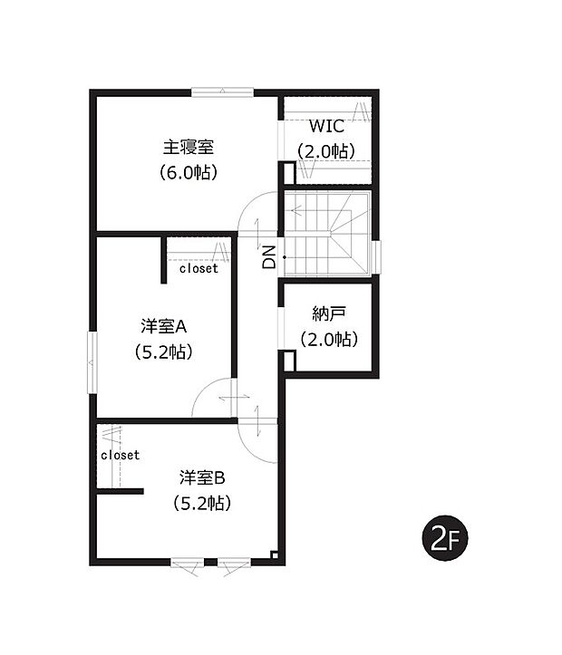 【2階間取図】
全居室収納付きで室内快適!約2帖のWICと納戸を備え、衣類や季節用品もすっきり収納できる住まいです。