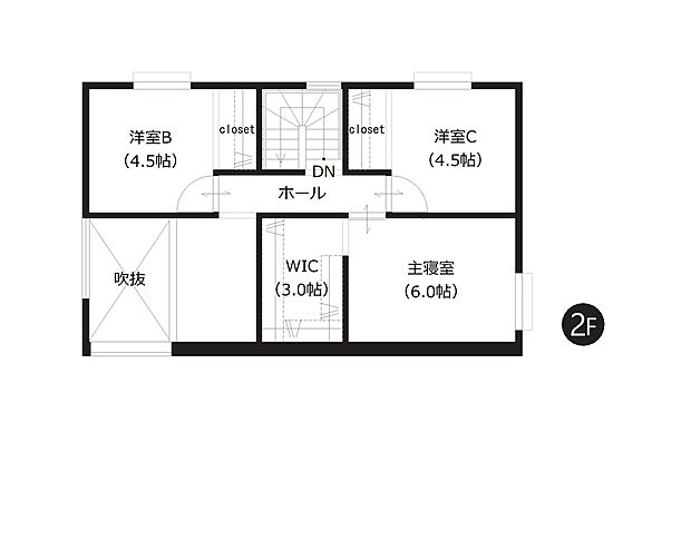 【2階間取図】
WIC付きで収納にゆとりのある間取りです。衣類や季節物をすっきり整理しやすく、室内を広く使いやすい住まいです。