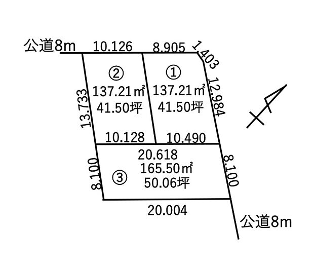 【全体区画図】
陽当り良好、開放感あふれる立地が魅力！角地を含む全3区画の売地です。