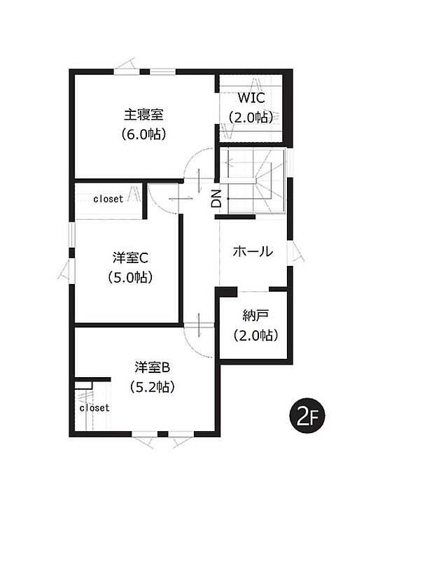 【A棟 2階間取図】
全居室収納付きでお荷物の多いファミリーにもおすすめ。約2帖のウォークインクローゼットや納戸もあり、大きなお荷物の収納にも困りません。