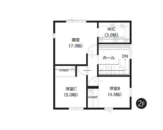 【4LDK】約3帖のWICを含む全居室収納付きで、すっきりと暮らせる間取り設計。2面採光の明るいお部屋に加え、約7.5帖の主寝室はゆとりある快適空間。家族みんなが過ごしやすい工夫が詰まっています。