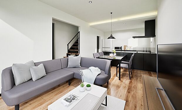 【【完成予想図】】LDKは16帖以上のゆとりある広さ。ブラック×グレーのヴィンテージモダンな内装がおしゃれですね。