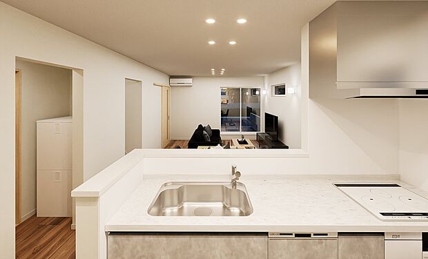 【【B棟 完成予想図(夜)】】キッチンには家事の時短に役立つ食洗機付き。パントリーや食器棚も完備しており収納も充実、使い勝手良好です。