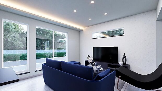 【【2号棟 完成予想図】】2面採光の明るいリビングは自然とご家族が集まります。約16帖の広さで家具を置いてもゆったりとくつろげますね。