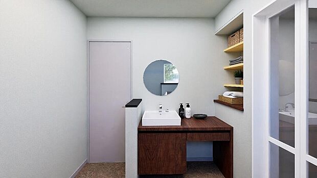 【【2号棟 完成予想図】】4帖超えのユーティリティーで窮屈にならず、家事を快適に行えます。洗面台横のオープンスペースは、椅子を置きお化粧もできます。