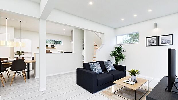 【【完成予想図】】内装はミニマル和モダンなデザインで、落ち着きと上質感のある空間。対面キッチンやリビング階段仕様でご家族とのコミュニケーションも取りやすいです。