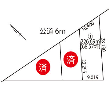約68坪の広々とした1号地です。奥行きのある区画で建築設計もしやすくなっています。 