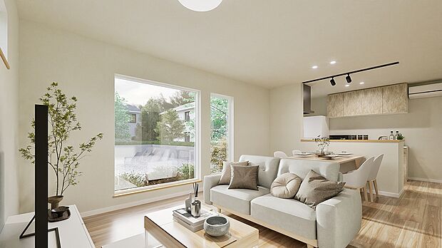 【【C棟 完成予想図】】窓が多く明るいリビングルーム。自然光をたっぷり取り込める、開放感のある心地よい空間で、ご家族の団らんをゆったり楽しめます。