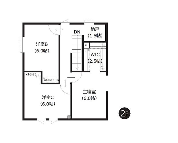 【4LDK】2階の洋室はすべて6帖以上のゆとりある広さを確保。WICや納戸などの収納スペースも充実しており、居室をすっきりと保ちやすい暮らしやすい間取りです。