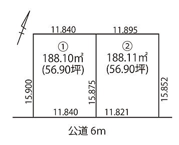 幅員約6mの南東側道路に面し、陽当り良好の区画です。 