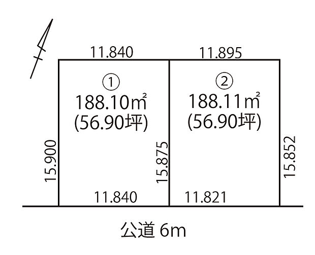 幅員約6mの南東側道路に面し、陽当り良好の区画です。