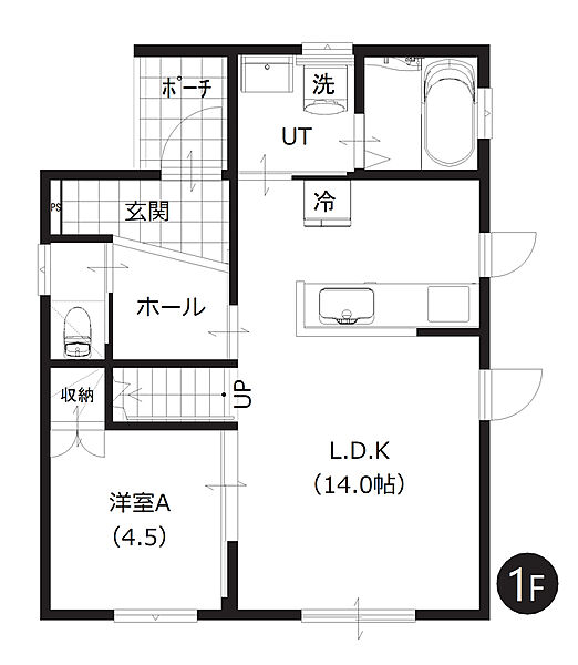 【1階間取図】
ご家族が集まりやすいリビング階段を採用しています。対面キッチン仕様で会話も弾みますね。