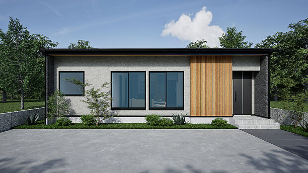【完成予想図】
暮らしやすさにこだわった平屋住宅が登場です。ブラック×グレー×木目が織りなす落ち着きあるデザインがおしゃれですね。