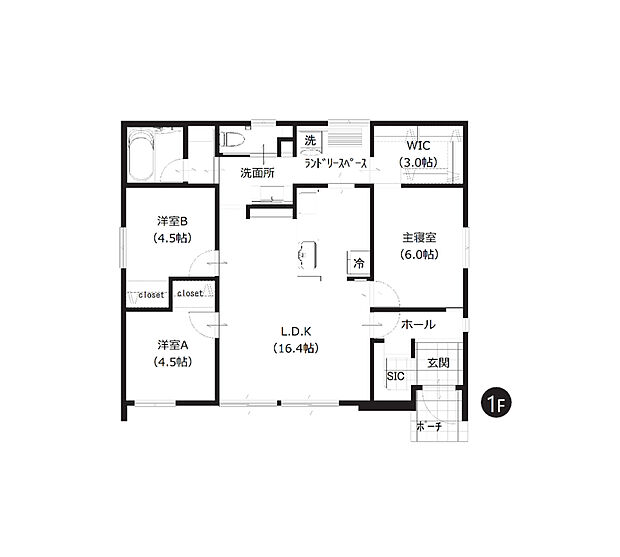 【間取図】
LDKを中心とした3LDKの間取りです。LDKはゆったり16帖以上。WICやSICなど豊富な収納も魅力です。