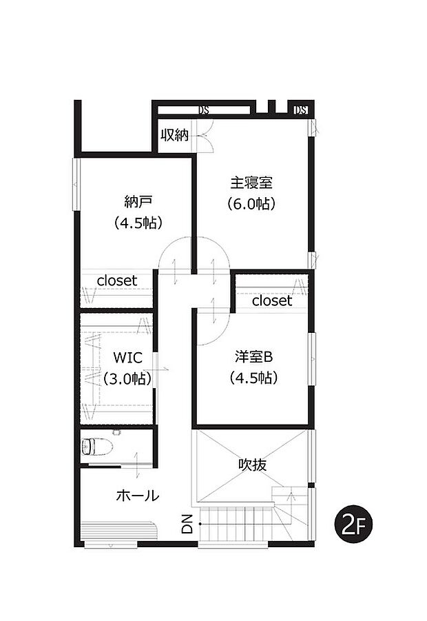 【2階間取図】
ウォークインクローゼットを含む全居室収納付きで、室内スッキリ快適です。多目的利用ができる広いホールも魅力ですね。