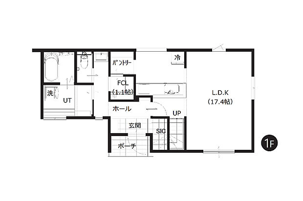 【1階間取図】
玄関や水回りにも収納があり使い勝手良好。パントリーとFCLは通り抜けができ、キッチンから水回りへ移動することでもできます。