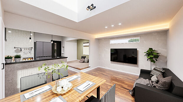 【2号棟 完成予想図】
上部吹抜けで明るく開放感のあるリビングルームは、自然とご家族が集まる空間。2面採光で通り抜ける風も感じられそうですね。