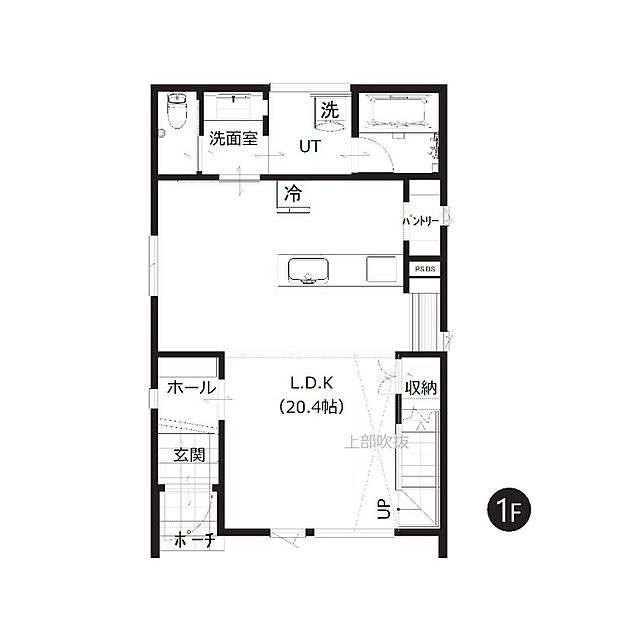 【1階間取図】
約20帖の広々としたLDKが魅力。家族でくつろぐ時間を心地よく過ごせます。書斎スペースを設け、在宅ワークや趣味にも対応できます。