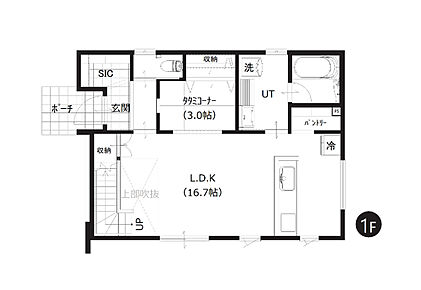 小上がりヌックや吹き抜け仕様のリビングで、家族時間を育むことのできる間取りです。 