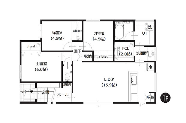 【3LDK】ファミリーにおすすめの3LDKタイプです。全居室収納の他、パントリーや約2帖のファミリークローゼットもある収納充実プランです。