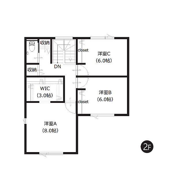 【3LDK】2階には全室6帖以上の個室を3部屋配置し、家族それぞれのプライベートな時間も大切にできます。大容量のWICも嬉しいポイント！