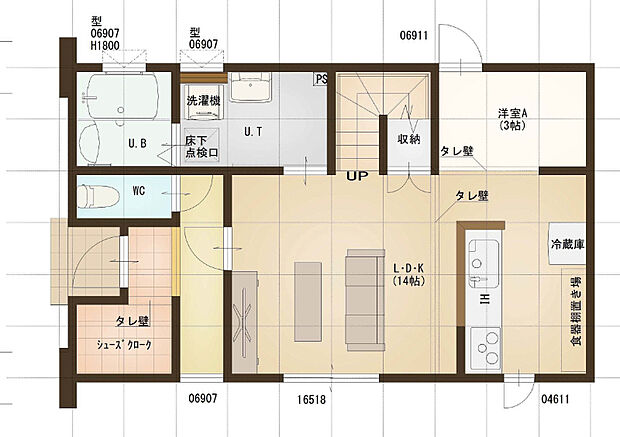 【【1号地 建築プラン例】】建築面積：99.38m2
建物価格：2499万円
※杭工事、分水工事、諸費用別途
※設計プランの参考一例であって、当該プランの採用可否は任意です。