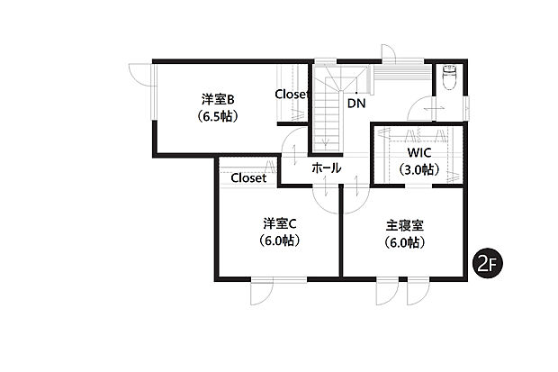【2階間取図】
全居室6帖以上で、どこのお部屋にいてもゆったりと寛ぐことができますね。