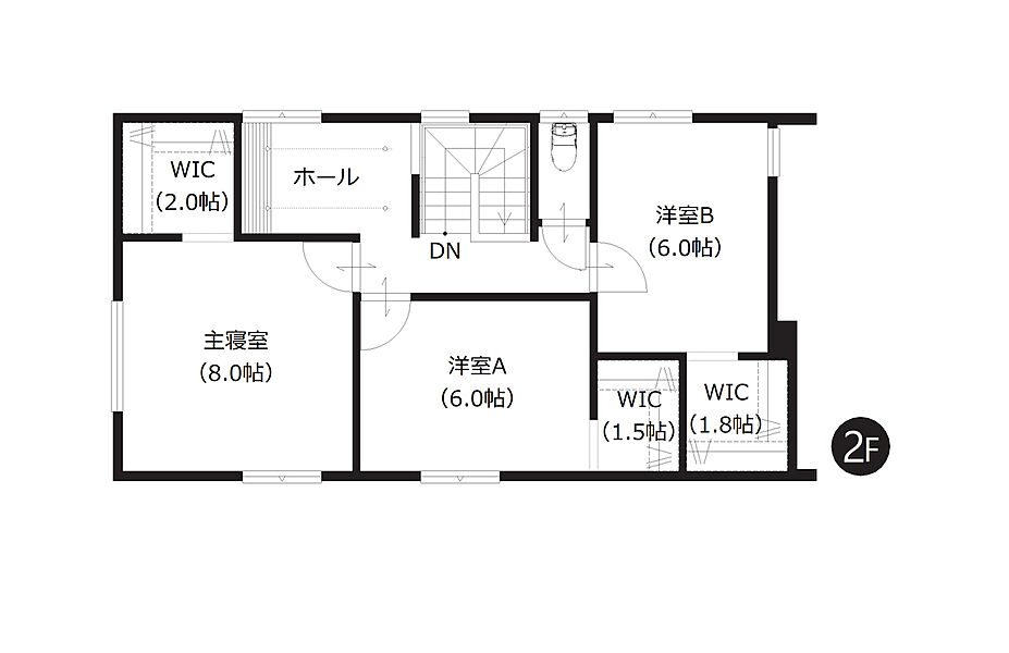 【2階間取図】
2階の全洋室は6帖以上のゆとり設計。全居室収納付きで居室スペースをすっきりお使いいただけるのも魅力的です。