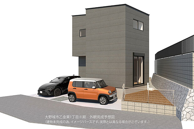 完成予想図 外観
駐車スペースは2台(1台は小型車)
小さなお庭のスペースもあります