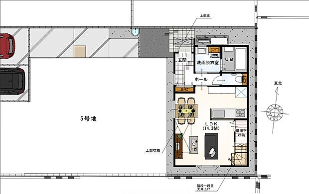 【1階間取り図/4号地】
約14.3帖のLDKは、一部上部吹抜け仕様につき、開放感があります。リビング階段が採用され、ご家族と顔をあわせてコミュニケーションをとりやすい設計です。