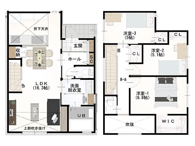【参考プラン例】
建物価格1760万円、建物面積87.36m2
