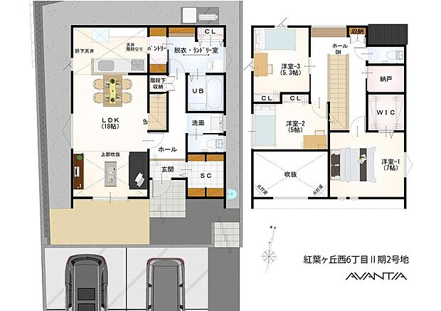 【間取り図】
キッチンにパントリー、主寝室にWICがあり、収納充実。住空間をすっきりと保てます。ホール⇔LDK⇔パントリー⇔脱衣・ランドリー室へのアクセスが可能な、回遊性のある動線が確保されています。