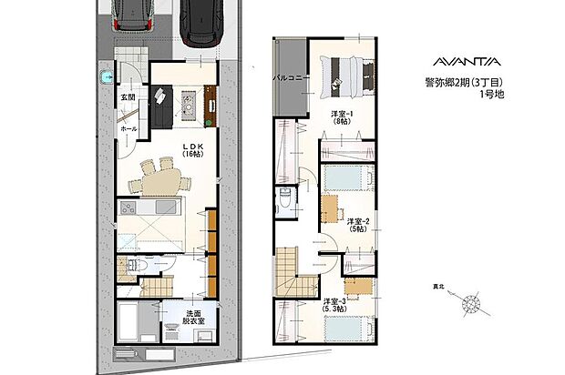 【1号地・間取図】
カースペース2台分付きの住まい(車種による)。水まわりが1階に集約され、動線に配慮された間取りです。全居室に収納が設けられ、住空間を有効に使えます。