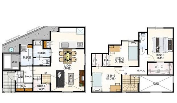 【建物プラン例(1号地）】
建物価格1760万円、建物面積87.56m2