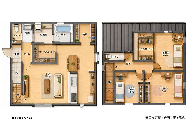 【2号地・参考プラン図】
ゆとりある広さのLDKを中心とした、3LDK+Sの住まいが建築可能。納戸や階段下収納、WICなど、空間を有効活用した収納も充実。/建物面積94.39m2、建物価格1914万円