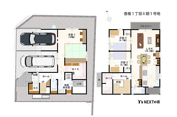 【 3LDK】2階にLDKが配置された間取り。全居室収納に加え、2ヶ所のWICやSCなど、収納豊富な住まいです。1階と2階ホールは吹抜けでつながり、空間に広がりを感じられます。