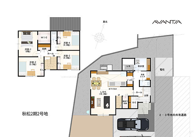 【4LDK】1階にLDKと水回り、2階にそれぞれの個室が配置された4LDKの住まいです。洗面エリアから脱衣室やパントリーに行き来できる、回遊性のある間取り設計。LDKは18帖超の広さです。