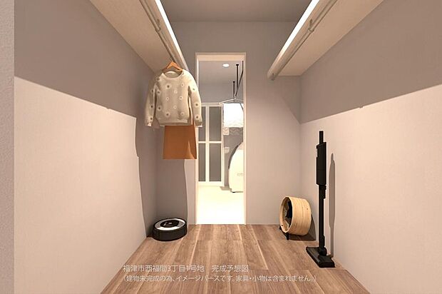 【【1号地/完成予想図/FCL】】洗面室と脱衣室を繋ぐFCL。2面にハンガーパイプが備わっています。帰宅後にコートやスーツ・制服・鞄などを保管することができ、生活動線良好です。


