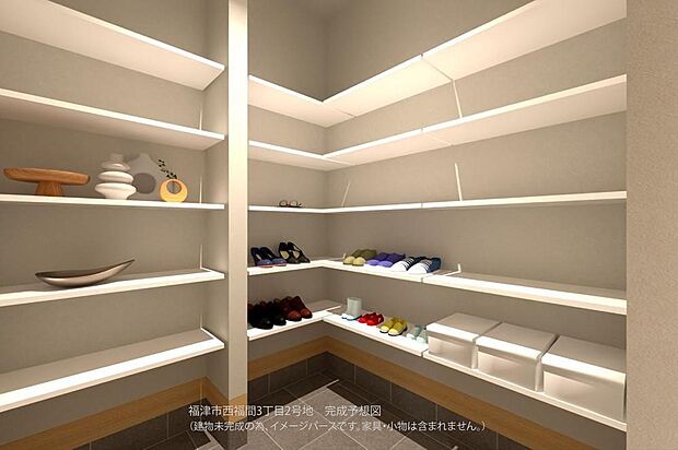 【【2号地/完成予想図/玄関】】SCが備わっており、ご家族分のお履き物をすっきりと収納できます。ベビーカーやゴルフバッグ・スーツケースなどの保管にも便利です。