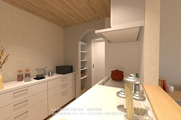 【【2号地/完成予想図/キッチン】】パントリーは棚付きのため、縦の空間を無駄なく使用可能。保存食や飲料水・生活用品のストックなどにご活用いただけます。