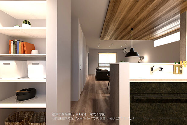 【【1号地/完成予想図/キッチン】】パントリーは棚付きのため、縦の空間を無駄なく使用可能。保存食や飲料水・生活用品のストックなどにご活用いただけます。
