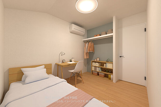 【【洋室完成予想図/4号地】】約4.4帖の洋室です。全居室に収納スペースがあり、住空間を有効にご活用いただけます。トイレは1階と2階の2か所に設けられています。