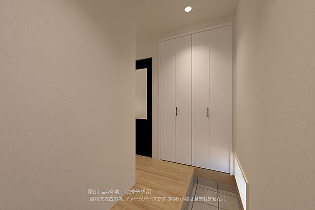 【【玄関完成予想図/4号地】】玄関に天井高のシューズクロークが設けられています。玄関と洗面脱衣室が近く、帰宅後すぐの手洗いが叶います。